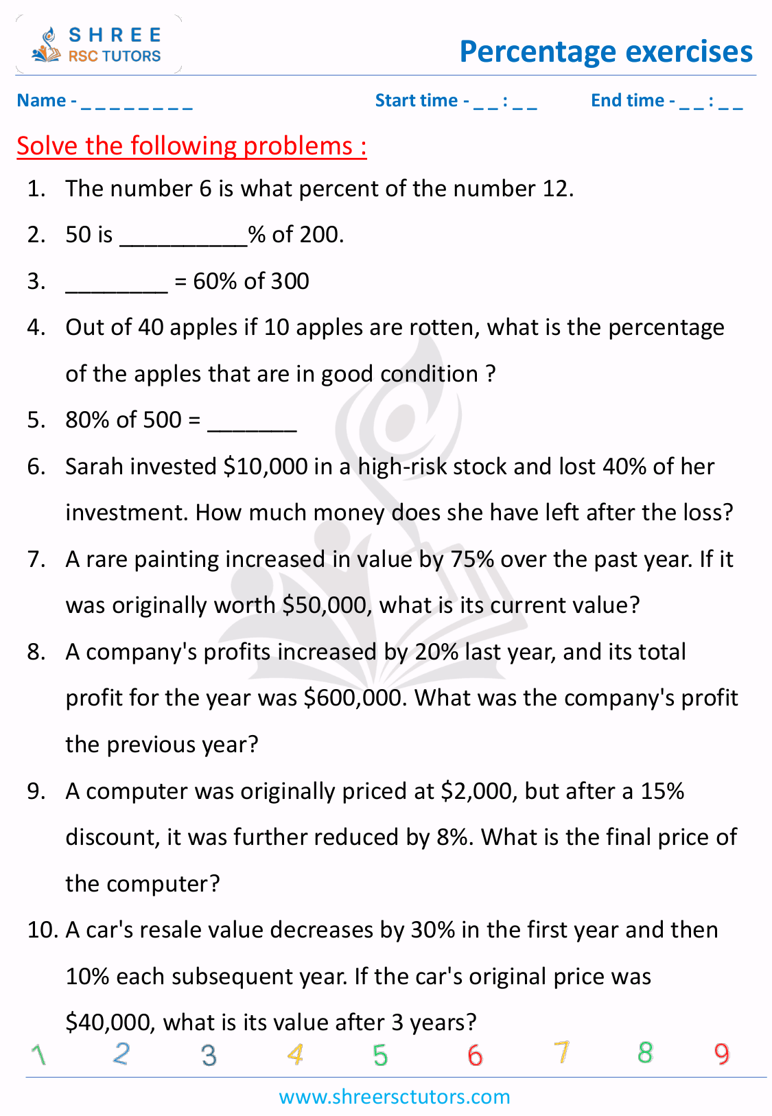 Grade 7 Maths Percentage-exercises worksheet